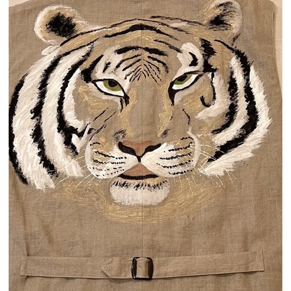 Vtg Natural Rythms Safari Linen Vest Waist Coat L Hand Painted Tiger Pockets Art